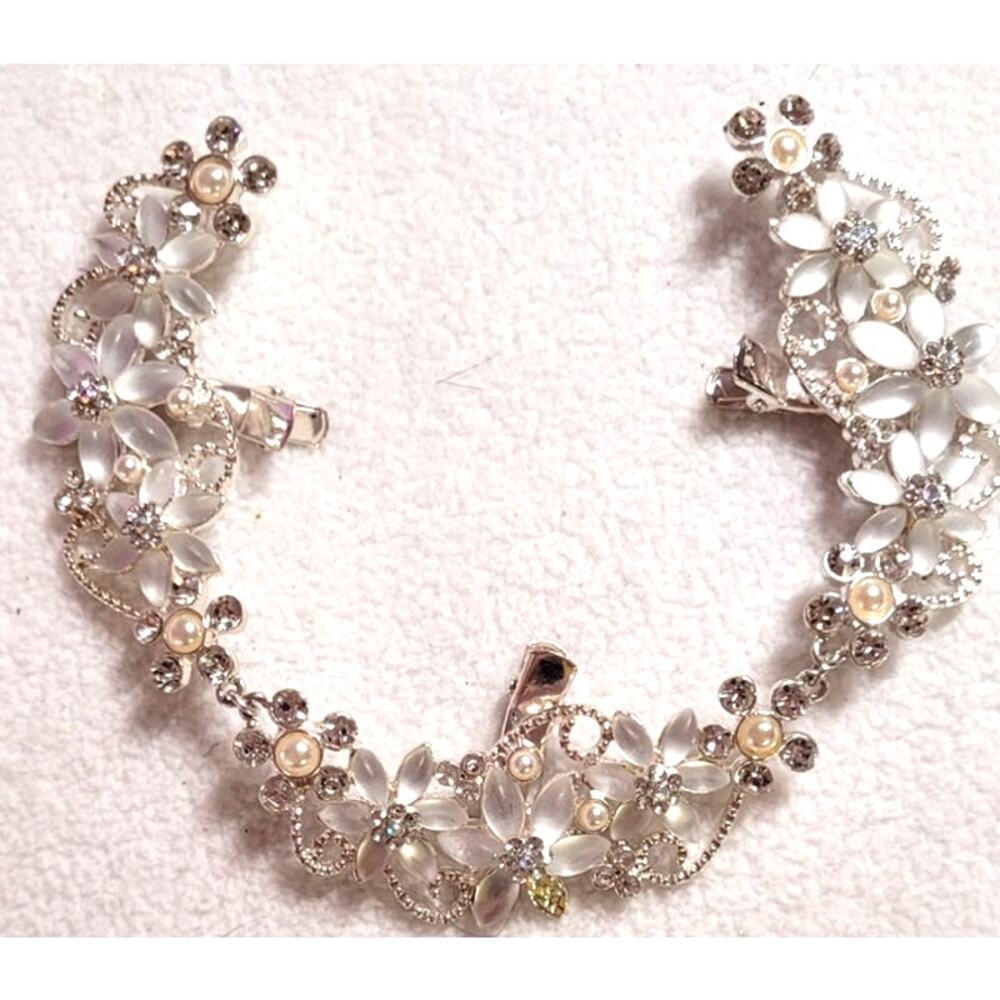 Vtg Silver Bridal Hair Piece Headband 3 Clips Marquise Opaline Pearl Flower